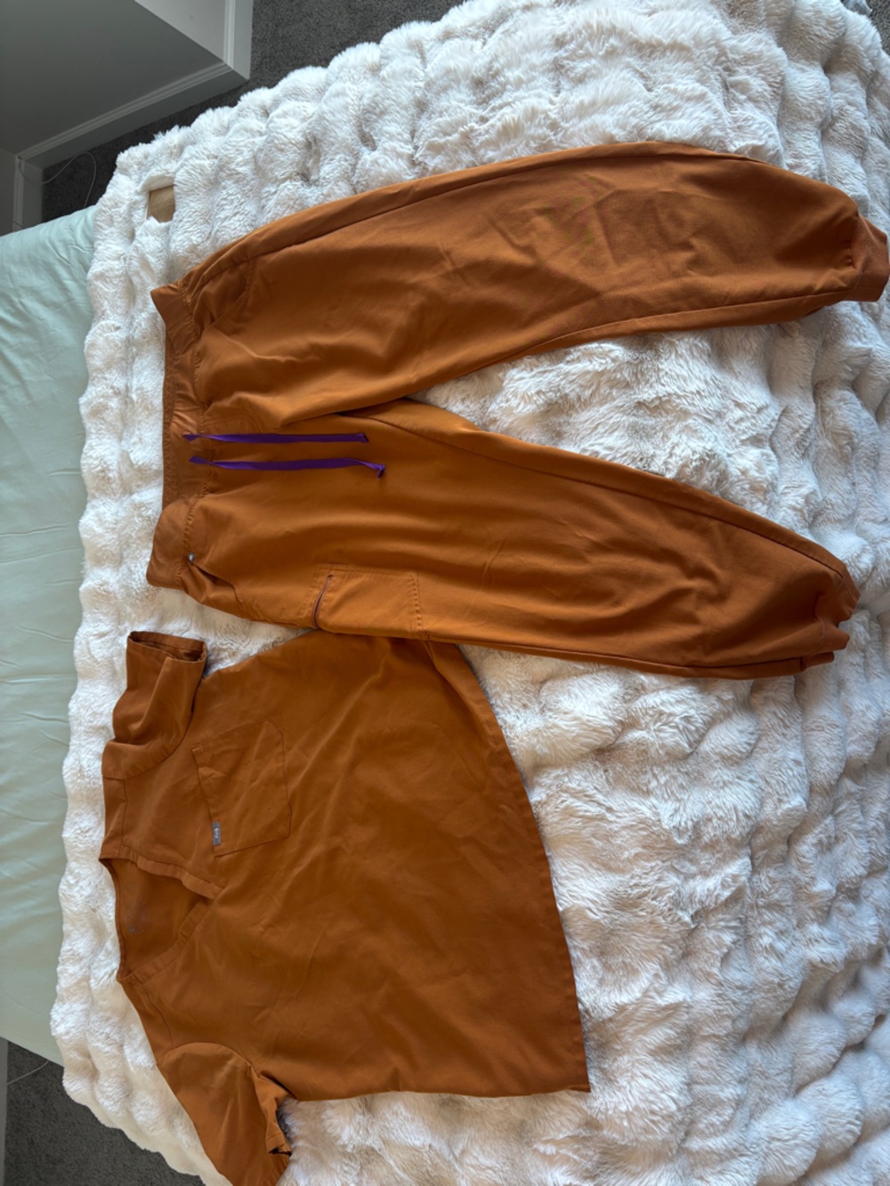 Figs Women's Scrub Set in Rust Orange with Purple Drawstring